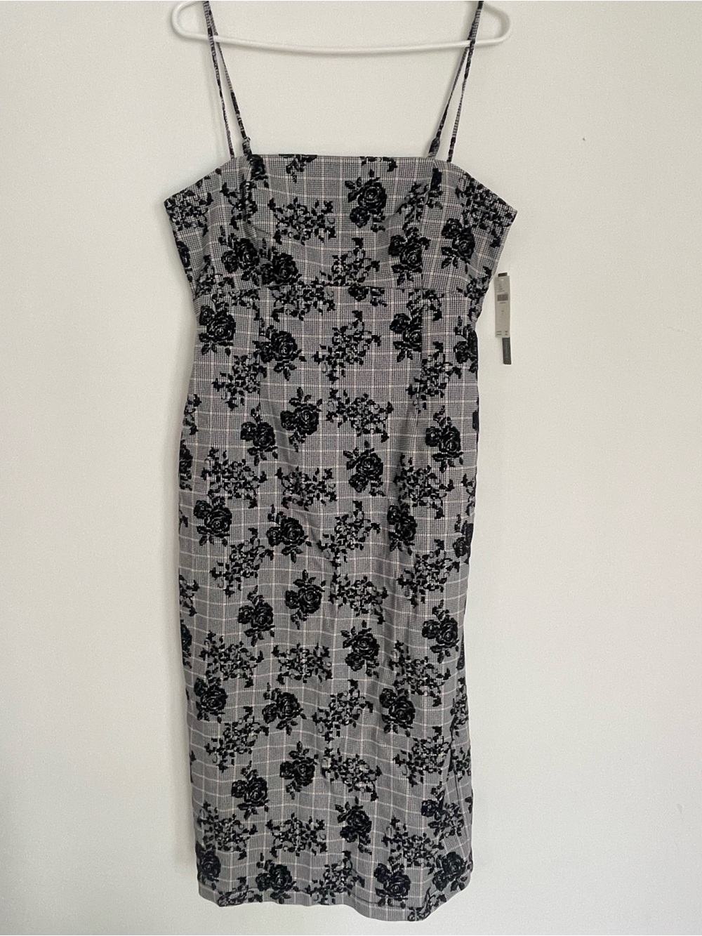 Maeve Black & Grey Floral Plaid Spaghetti Strap Midi Dress